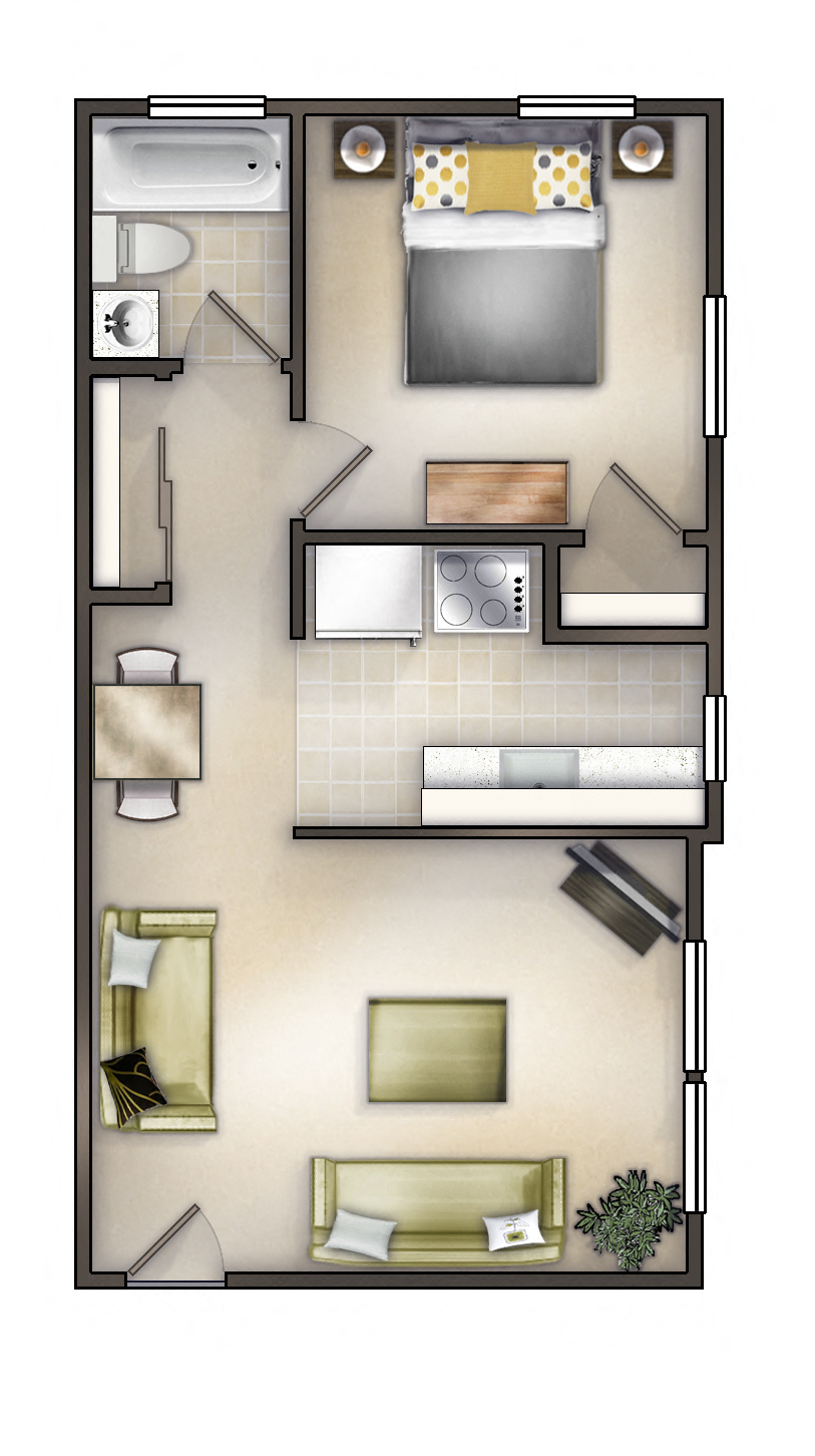 Floor plan for 1 bed, 1 bath, 431 sqft